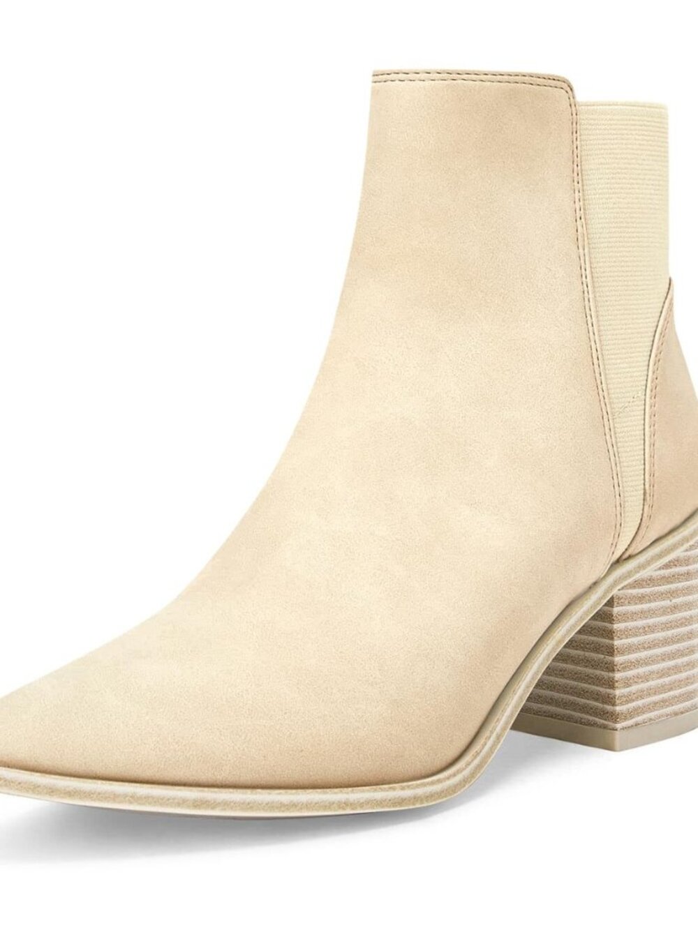 Womens Pointed Toe Ankle Boots Elastic Chunky Block Stacked Mid Heel Slip On